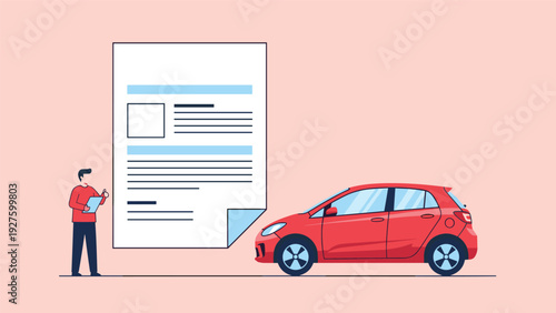 Modern man reviews car insurance or purchase documents next to a stylish red hatchback vehicle on a soft pink background.