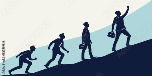 A sequence of silhouetted figures climbing a steep slope with determination. Vector