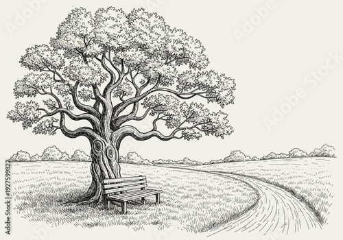 Vintage Ink Sketch of Tree and Wooden Bench Landscape Illustration