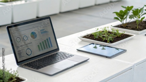 A laptop displaying data charts and a tablet lie next to various potted plants on a white surface in a bright, modern indoor garden setting.