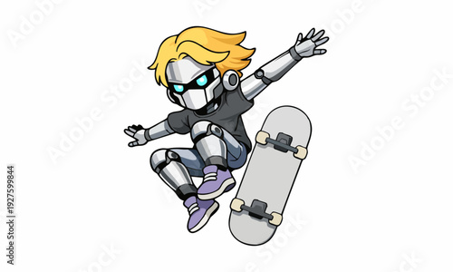 Robot doing a skateboarding trick cartoon illustration