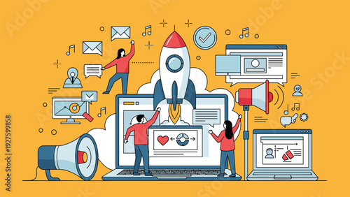 Successful business launch and digital marketing strategies are depicted with a rocket emerging from a laptop screen on a yellow backdrop.