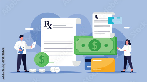 Healthcare expenses and medical insurance concepts are illustrated with prescription forms, cash, credit cards, and pills for therapy.