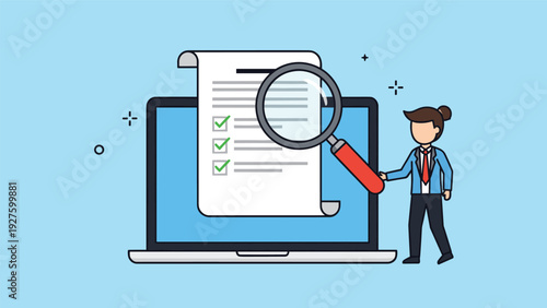 Professional business document audit or contract review is performed on a laptop screen with a magnifying glass by a female character.