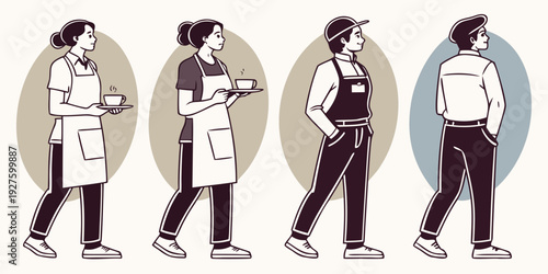 Three individuals in traditional attire standing in a line against a white background Vector