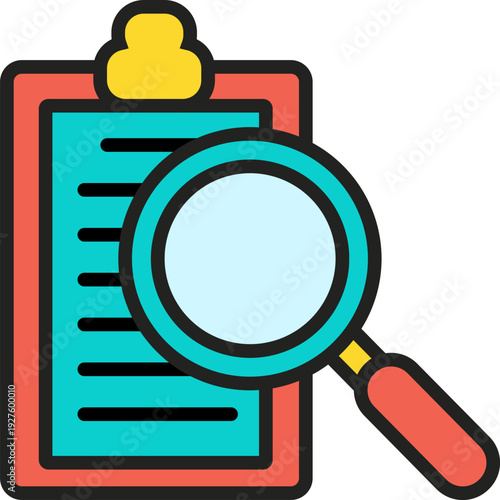 Magnifying glass examining a document on a clipboard with detailed analysis