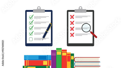 Educational or business evaluation is shown with clipboards displaying checkmarks and crosses above a row of colorful books in a library.