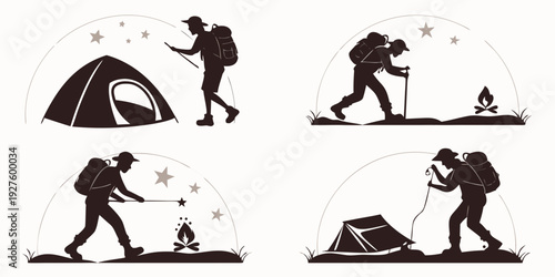 Four different people are camping in different ways in the wilderness. Vector