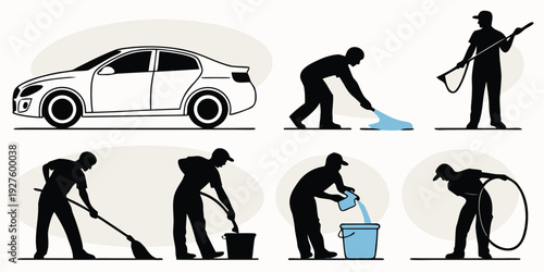 A sequence of stick figures demonstrating the process of car maintenance and cleaning Vector