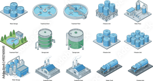 Isometric water treatment plant and storage infrastructure icon set featuring filtration units, storage tanks, tanker truck and industrial facilities for environmental engineering and utility design 