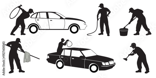 A group of people working together to clean and maintain a car. Vector
