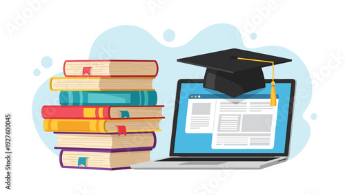 Online graduation and distance learning concepts are illustrated with a graduation cap on a laptop screen and colorful book stacks.