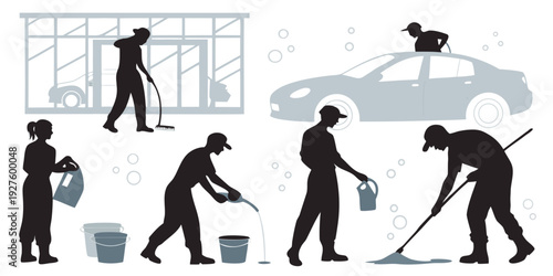 Illustration of various people engaged in different cleaning activities. Vector