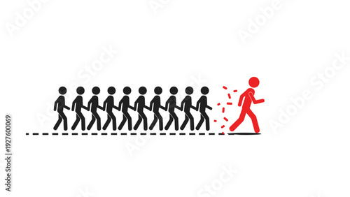 Leadership and uniqueness are illustrated by a red figure walking away from a line of identical black figures to forge a new path.