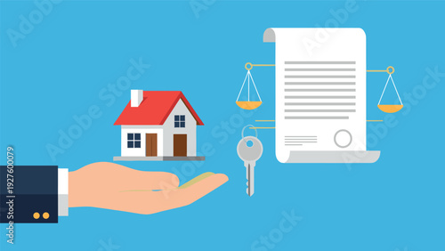Real estate legal and financial security concepts include a house model near a signed contract, a key, and a balance scale of justice.