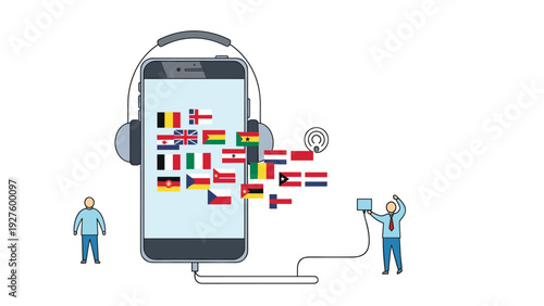 International language learning and translation services are represented by a smartphone with various flags and headphones for audio.