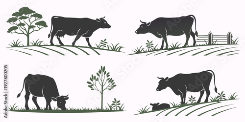 A diverse group of animals grazing and interacting in a field Vector