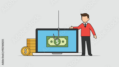 Online financial scam and phishing risks are illustrated by a fishing hook catching a dollar banknote on a laptop screen for a user.