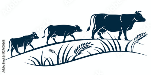 A herd of cows grazing in a lush green field with tall grass Vector