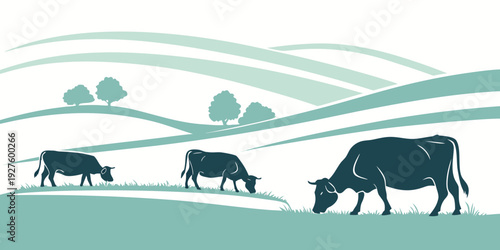 Three cows grazing in a lush green field with rolling hills in the background Vector
