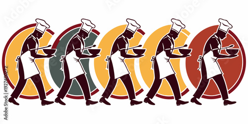 A group of people in yellow and orange clothing performing a synchronized dance routine Vector