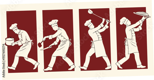 Ancient cave paintings depicting various human activities and figures in red. Vector