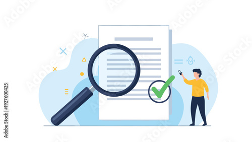 Reliable document verification or identity check is illustrated with a magnifying glass and a successful green checkmark icon.