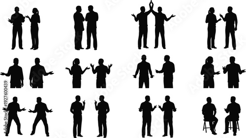 People interaction silhouette illustration set, conversational artwork, gesture motif, communication design vector collection for social, psychology, and educational themes