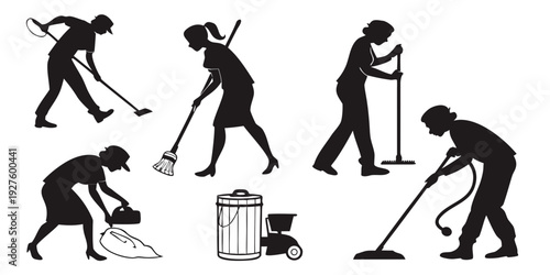 Diverse individuals performing various cleaning tasks with different tools Vector