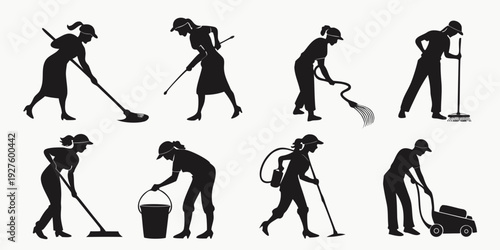 Silhouettes of people engaged in various gardening activities Vector