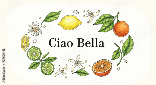 Vibrant illustration of a citrus wreath featuring lemons, oranges, limes, and green leaves, with the phrase Ciao Bella in the center, conveying a sense of freshness and elegance.