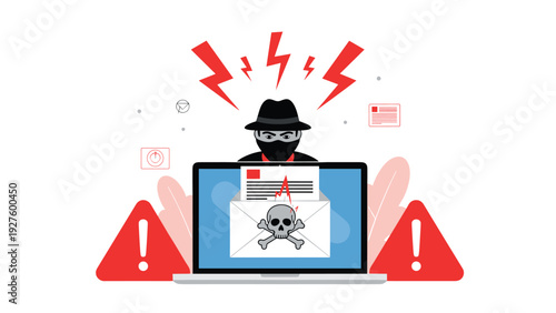 Hacker wearing a mask is stealing personal information from an email account using phishing malware on a laptop.