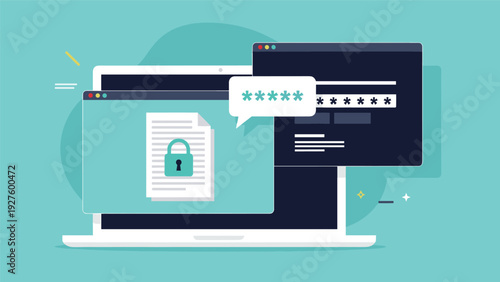 Secure digital documents and files are protected with encryption and strong passwords on a laptop computer screen.
