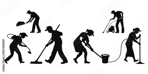 Silhouettes of people working together to build a hill with shovels and buckets Vector