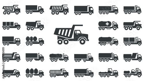 Collection of various heavy-duty industrial truck and vehicle silhouette icons for logistics and transportation.
