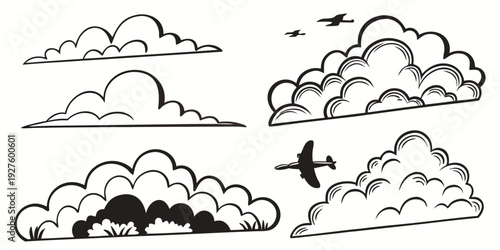 A whimsical illustration of various cloud formations in a clear blue sky Vector