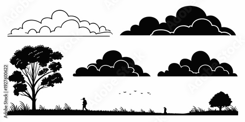 A serene landscape with a person walking under a vast sky filled with clouds and trees. Vector