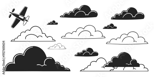 A collection of various clouds and an airplane in the sky. Vector