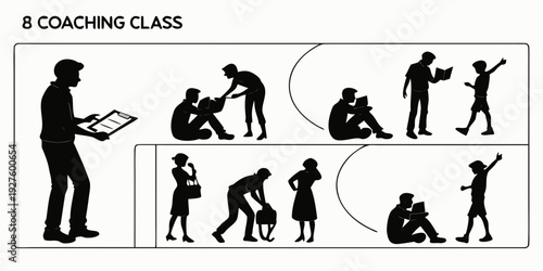 Illustration of a coach guiding a group of people through various exercises. Vector