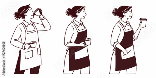 A woman in a red dress and brown hair is depicted in three different poses. Vector