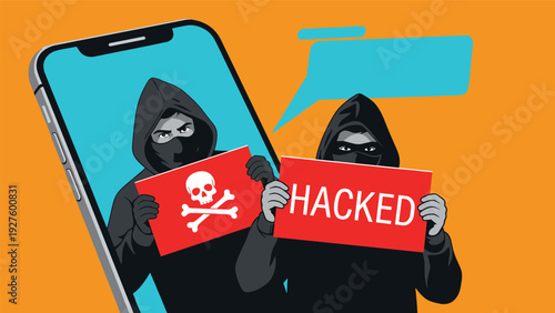 Cyber security threat where masked hackers emerge from a smartphone screen holding hacked and danger skull signs.