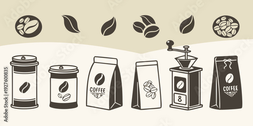 Assorted coffee products displayed on a wooden surface with coffee beans and a clock Vector