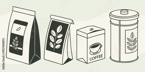 Various types of packaging containers displayed in a row. Vector