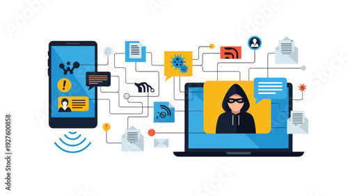 Complex digital ecosystem connecting a smartphone and laptop with various icons for data, viruses, and messages.