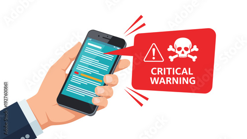 Hand holding a mobile phone that is displaying a red critical warning alert with a skull and crossbones icon.