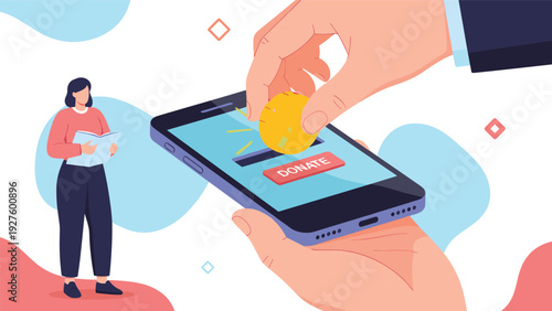 Charitable donation through a mobile app where a person is inserting a gold coin into a smartphone screen to help.