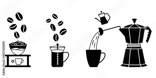 Illustration of coffee beans, a coffee plant, a coffee cup, and a coffee maker. Vector