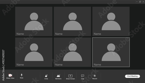 Set of six users video conference interface. online video call interface. video conference calls window. mobile, computer, laptop screen