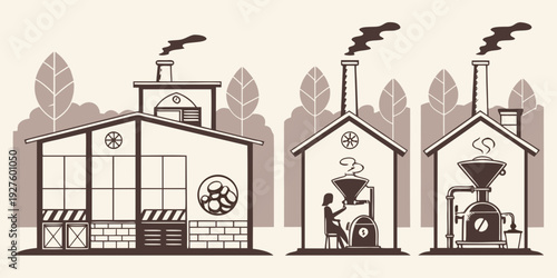 A bustling cityscape with various buildings and industrial structures. Vector