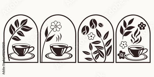Four distinct teacups each showcasing unique botanical illustrations and designs Vector